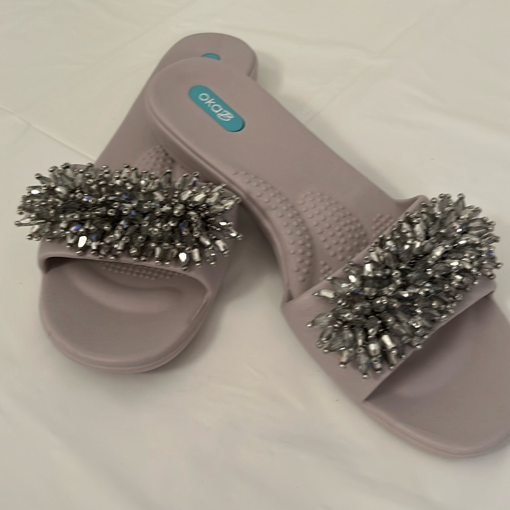 Oka Bee Silver Beaded Slide Sandals.  GENTLY USED - Size ML.